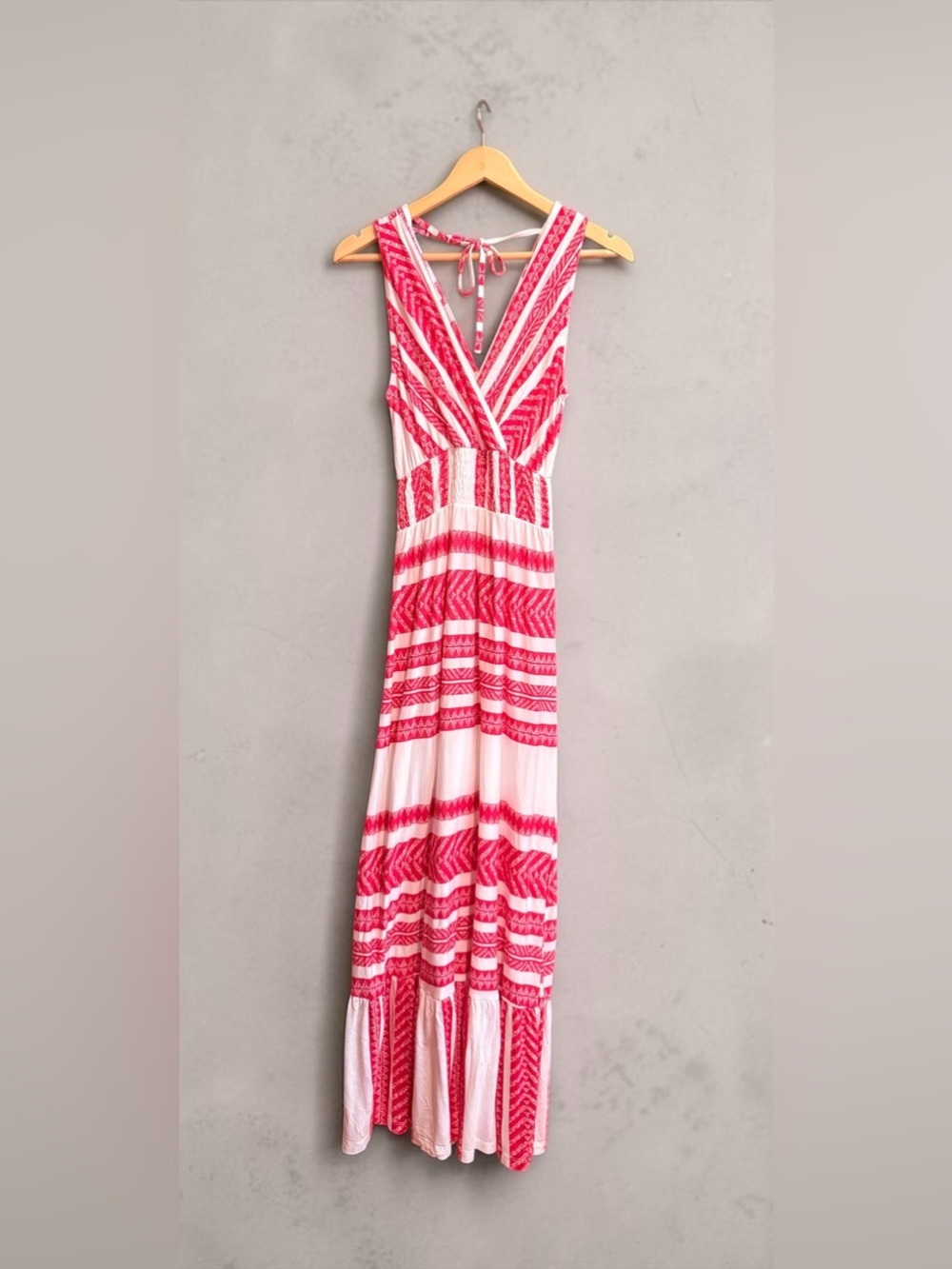 LASCANA for VENUS Womens M Maxi Dress Pink White Geometric V Neck Boho Resort